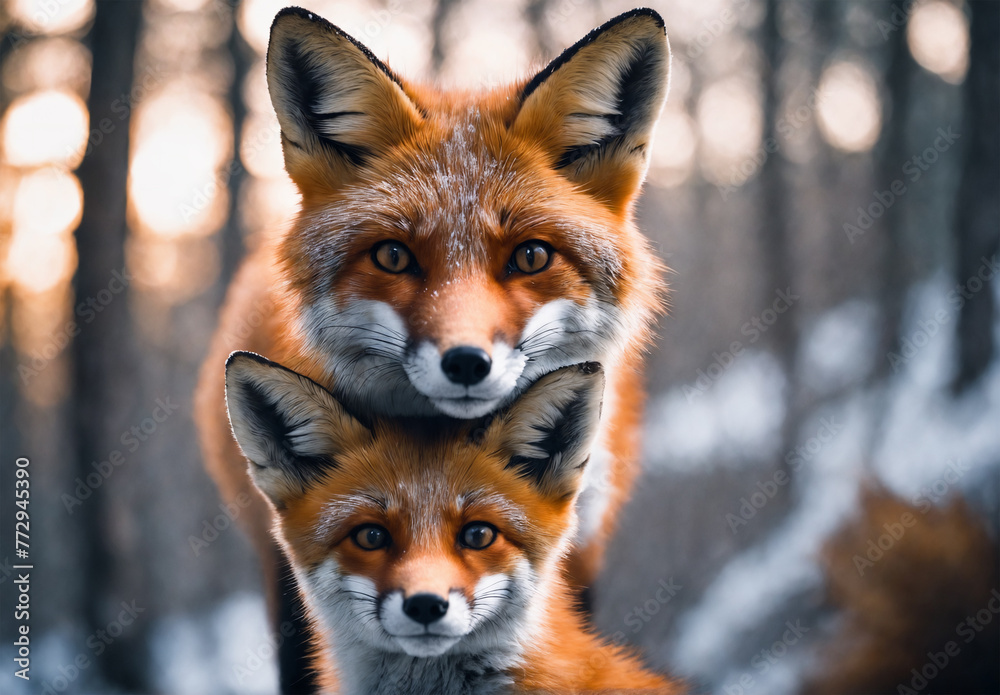 Obraz premium A female Fox with her young cub in snow covered forest
