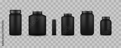 Whey protein and mass gain black plastic jar, bottle. Glossy plastic packaging mockup 3d design. Fitness nutrition canister design template for gym and workout. Vector illustration