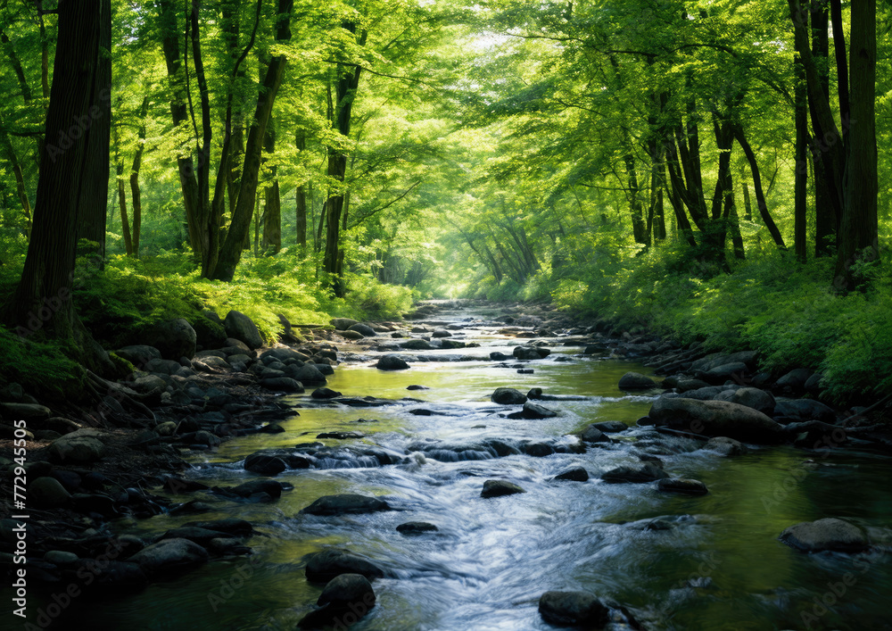 Stream in the green forest. Spring landscape. Beauty in nature. Stream in the green forest. Spring landscape. Beauty in nature.
