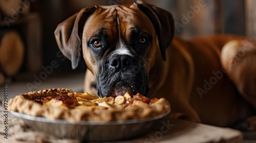 satisfied Boxer indulging in an apple pie, highlighting the dog's strong and playful nature