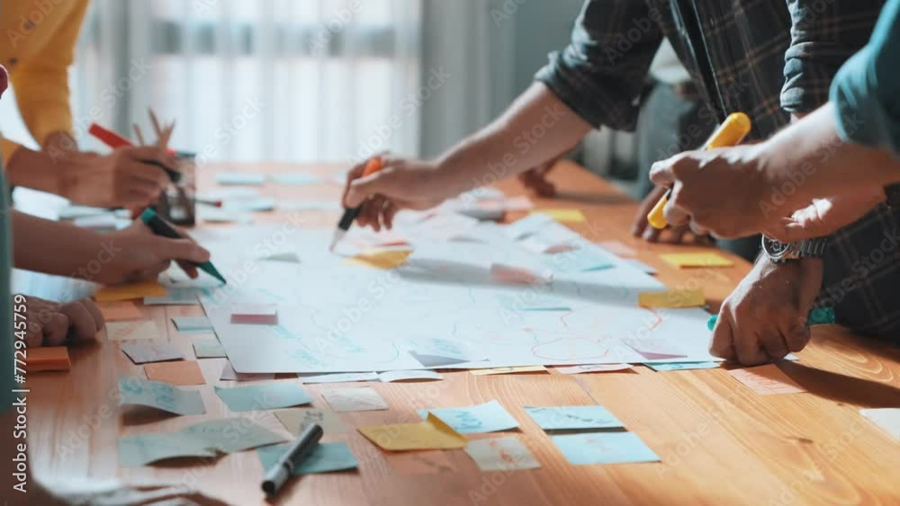 Close up of developer team using mind map to brainstorm idea. Top view ...