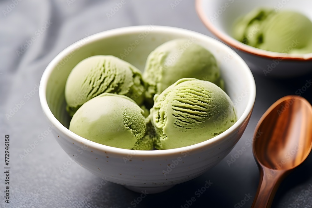 Green Tea Matcha ice cream scoops in a white bowl, menu concept, restaurant, minimal, HD, desert, japanese Green Tea Matcha ice cream scoops in a white bowl, menu concept, restaurant, minimal, HD, desert, japanese