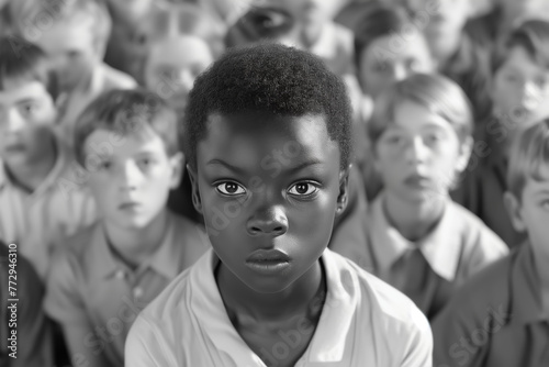 Black and white photograph collected together of a group of children surrounding an African American boy, racism concept