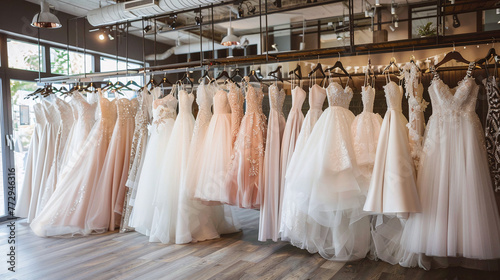 Luxurious wedding dresses hanging in a wedding salon