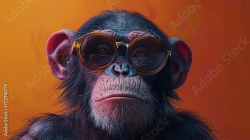 Chimpanzee with sunglasses against orange background