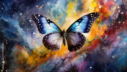 butterfly on the wall, wallpaper bright tropical butterfly in the vastness of the universe against the backdrop of abstract paint stains © Bilal