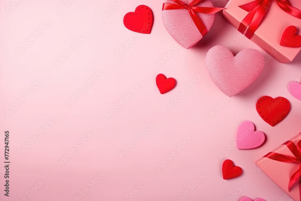 Various pink and red hearts with gift boxes for Valentine's Day on a pink background.