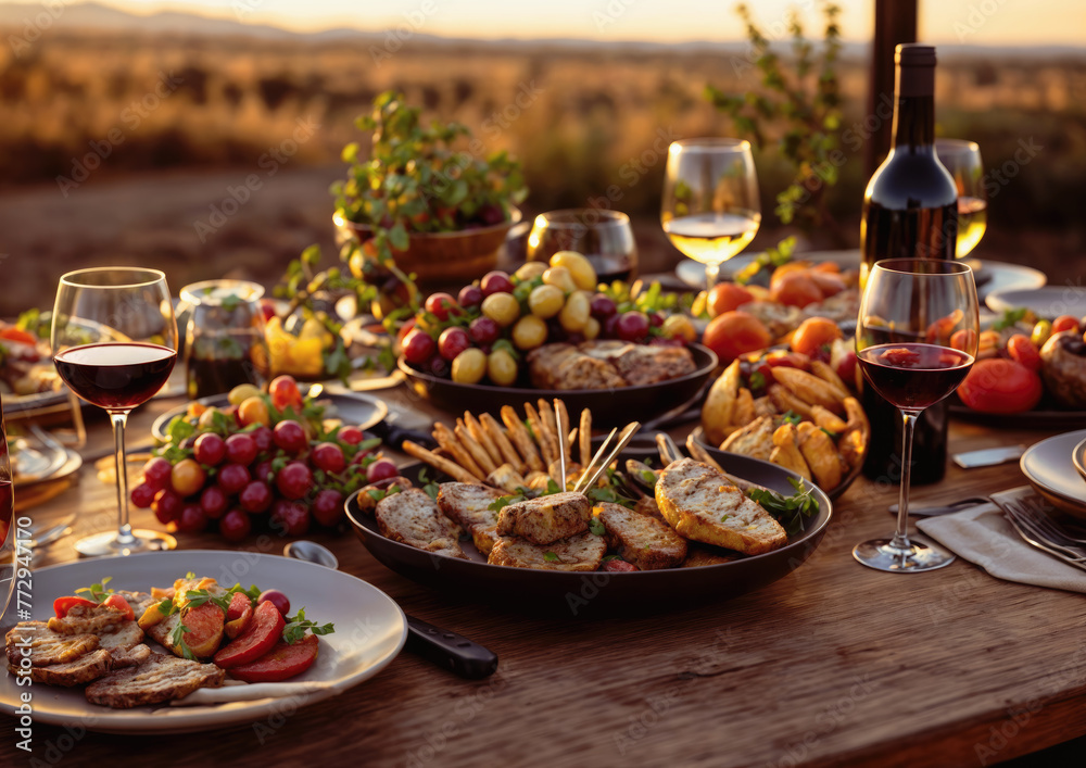 Grilled meat on skewers served with wine on a wooden table. Grilled meat on skewers served with wine on a wooden table.