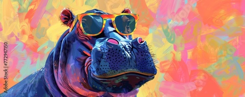 Colorful illustrated portrait of a hippopotamus with sunglasses photo