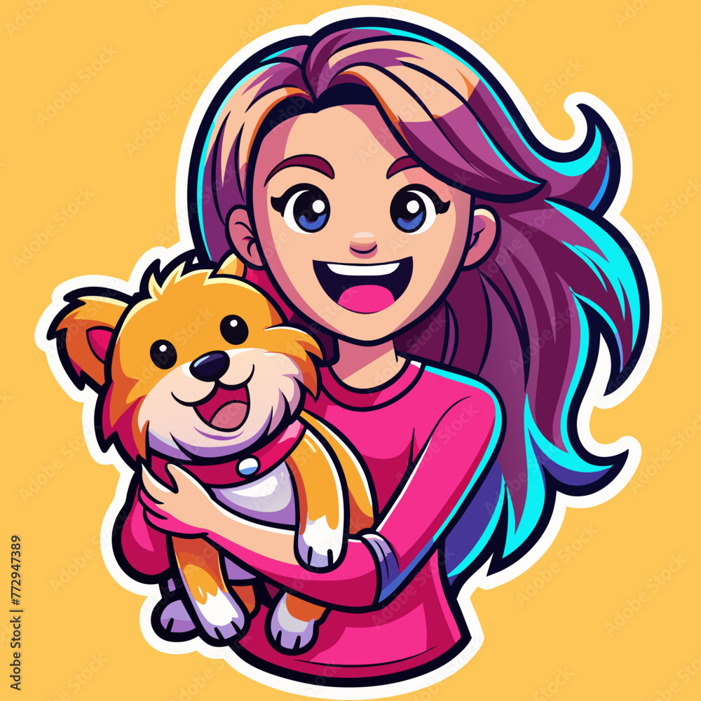 A vibrant sticker featuring a cheerful girl wearing a trendy t-shirt, joyfully carrying her adorable pappy dog in her arms