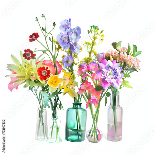 Glass vases filled with flowers isolated on white background, detailed, png 
