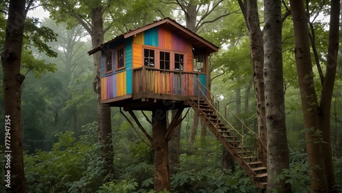 A whimsical treehouse hidden in the canopy, painted in a patchwork of colors to mimic a bird's plumage Generative AI © Haroon