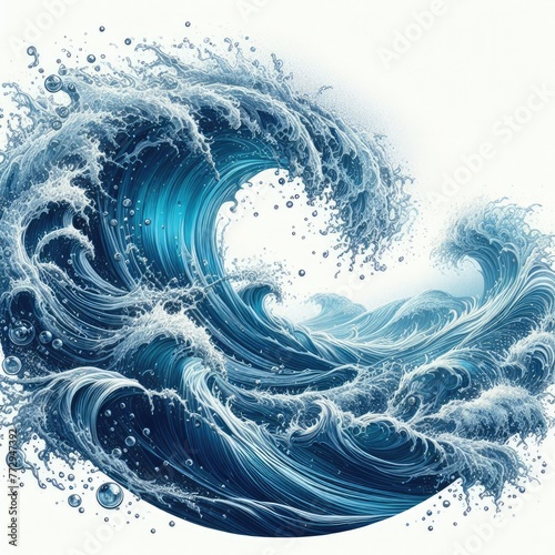 dynamic and detailed illustration of water, capturing the fluid motion and turbulence of waves, the water is depicted in various shades of blue, indicating depth and movement,
