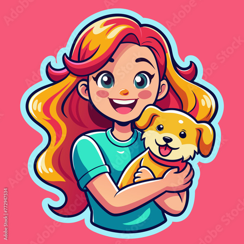 A vibrant sticker featuring a cheerful girl wearing a trendy t-shirt, joyfully carrying her adorable pappy dog in her arms