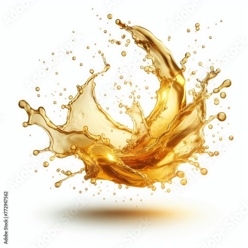 dynamic and fluid motion of a golden liquid, possibly oil or a thick beverage, splashing in the air against a white background