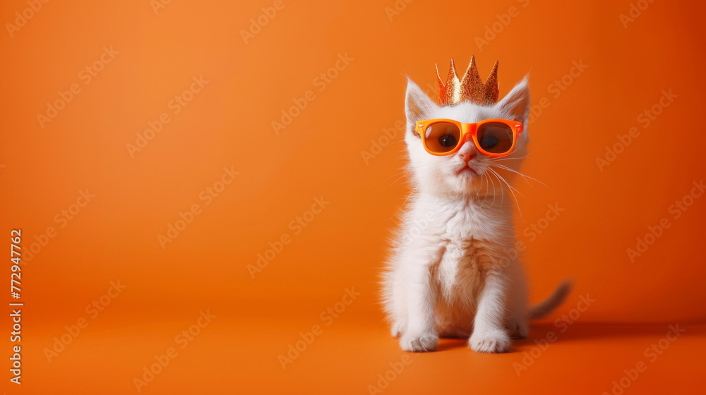 Funny white cat in golden crown and sunglasses on orange background. Kingsday celebration in the Netherlands concept. Banner with space for text - obrazy, fototapety, plakaty 
