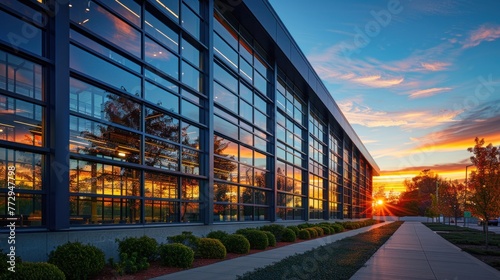 Against the backdrop of the setting sun, the team's meticulous craftsmanship ensures that each window reflects the warmth and glow of the evening sky.