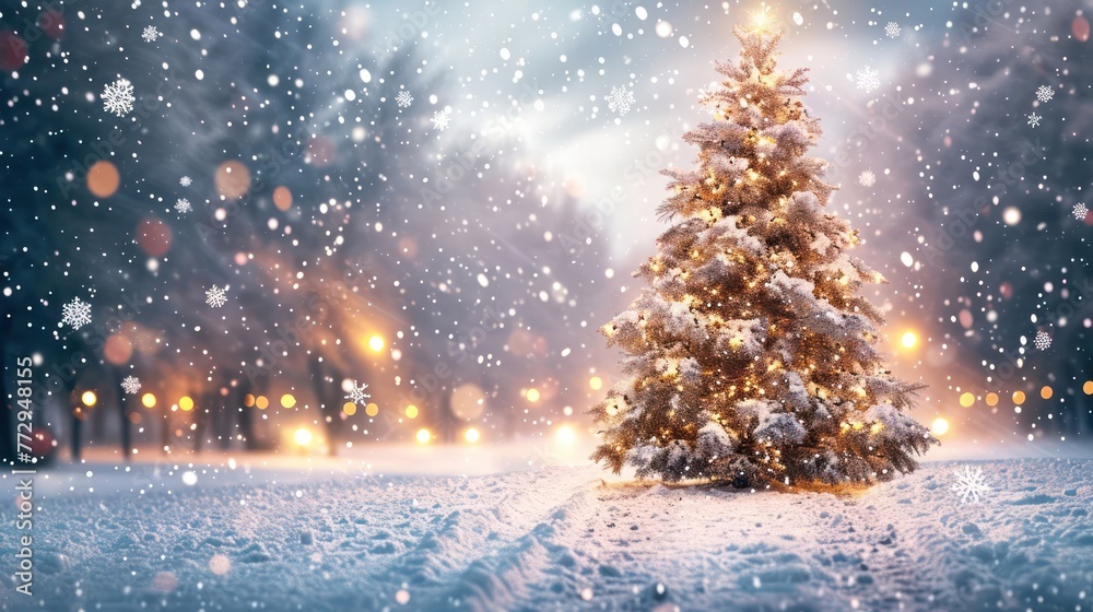winter wonderland with a sparkling Christmas tree, snowflakes, and twinkling lights, evoking the enchantment of the holiday season winter wonderland with a sparkling Christmas tree, snowflakes, and twinkling lights, evoking the enchantment of the holiday season
