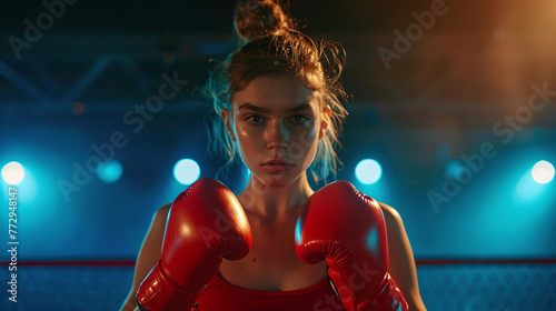 Female boxer in boxing gloves in the ring © Ruslan