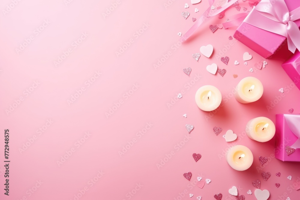 Valentine's Day setting with gift boxes, heart confetti, candles, and ribbon on pink background. Valentine's Composition with Gifts and Candles