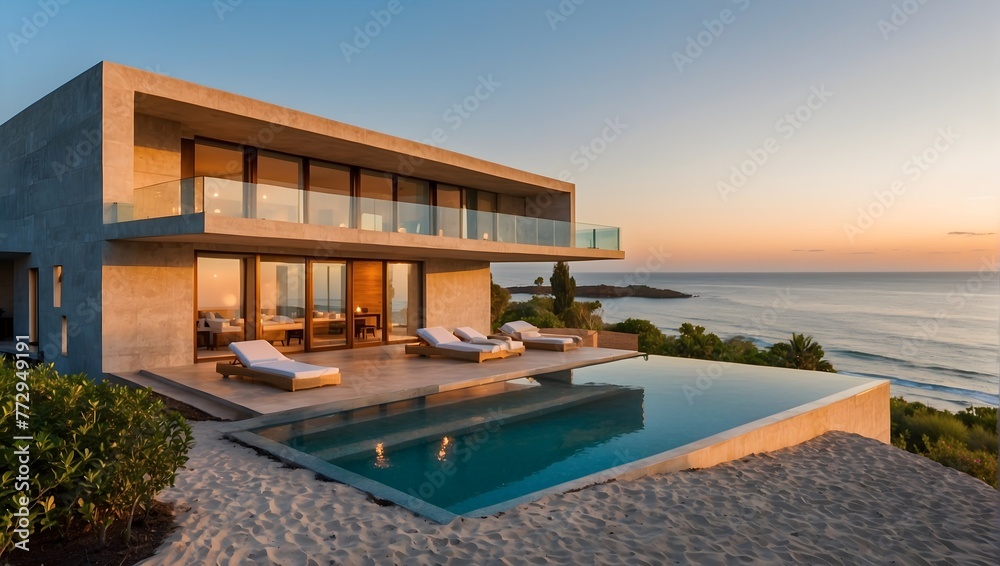 Fototapeta premium A beachfront villa with walls transitioning smoothly through the colors of the sunset over the ocean Generative AI