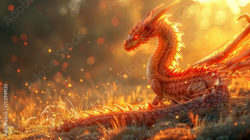 Craft a tranquil image featuring a dragon bathed in sunlight © Supasin