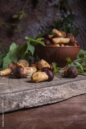 Pile of Imleria Badia or Boletus badius mushrooms commonly known as the bay bolete on vintage wooden background..