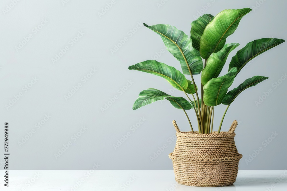 Artificial banana tree placed in a rope basket. Artificial banana tree placed in a rope basket.