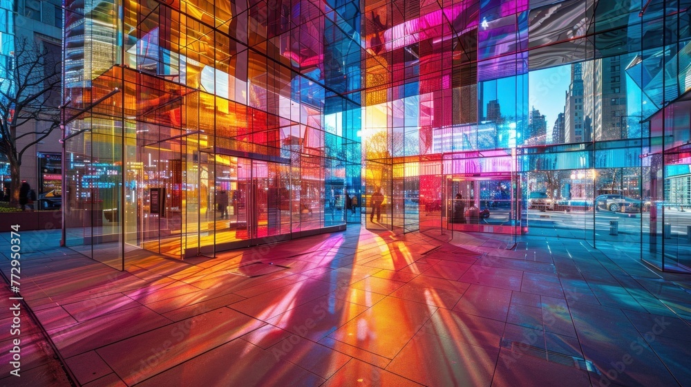 Reflecting the vibrancy of the city below, the tinted glass surfaces come alive with colorful screen prints, captivating passersby with their dynamic displays.