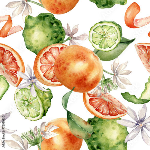 Mixed citrus fruits with white flowers watercolor seamless pattern isolated on white. Hand drawn grapefruit, bergamot with bright orange green peel in botanical sketch style for package, print