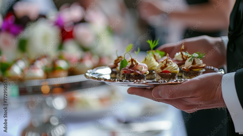 Exquisite extreme close-up of a waiter's hand gracefully serving a gourmet appetizer on a silver platter, epitomizing the elegance and professionalism in event hospitality.