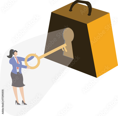 Businesswoman is reaching upward with his hand and inserting a large gold key into the keyhole to lock or unlock it