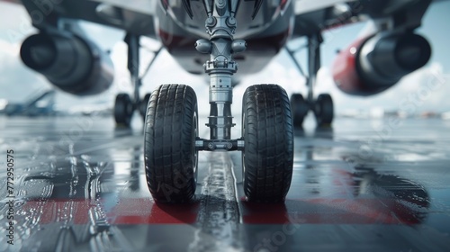 Wallpaper Mural Capturing the precision of aviation, a detailed close-up depicts the touchdown of an airplane's landing gear on the runway, emblematic of the airline industry's unwavering performance. Torontodigital.ca
