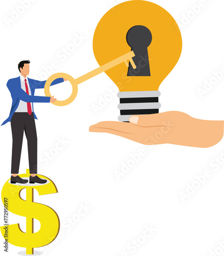 Businessman inserts a golden Dollar sign key into the keyhole of a large light bulb to unlock the secret of getting rich through creativity