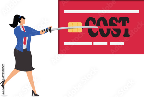 A woman cutting costs with a knife or sword