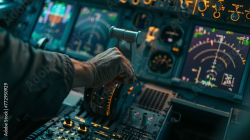 Macro shot of a pilot's hand adjusting controls in the cockpit, showcasing precision and expertise in the airline industry.