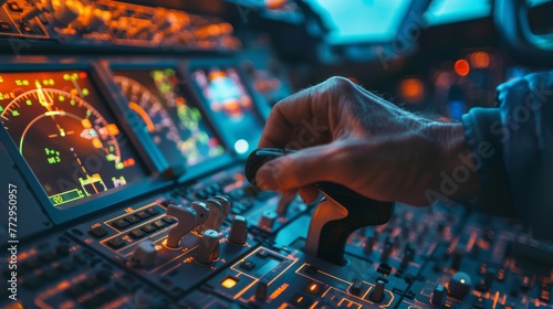 A close-up glimpse into the cockpit captures the skilled hand of a pilot meticulously adjusting controls, highlighting expertise and precision in aviation. photo