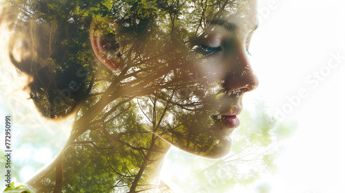 A creative portrait of an attractive woman with a double exposure against a forest background. Profile pose. Unity with nature, surrounding environment, bokeh effect.