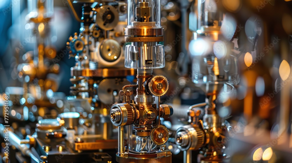 Close-up of complex machinery with an array of gears, cylinders, and reflective surfaces, exuding a sense of industrial precision.