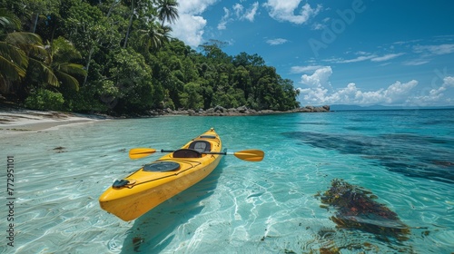 Kayak at empty tropical beach at beautiful sunny day. Adventure challenge. © Lustre