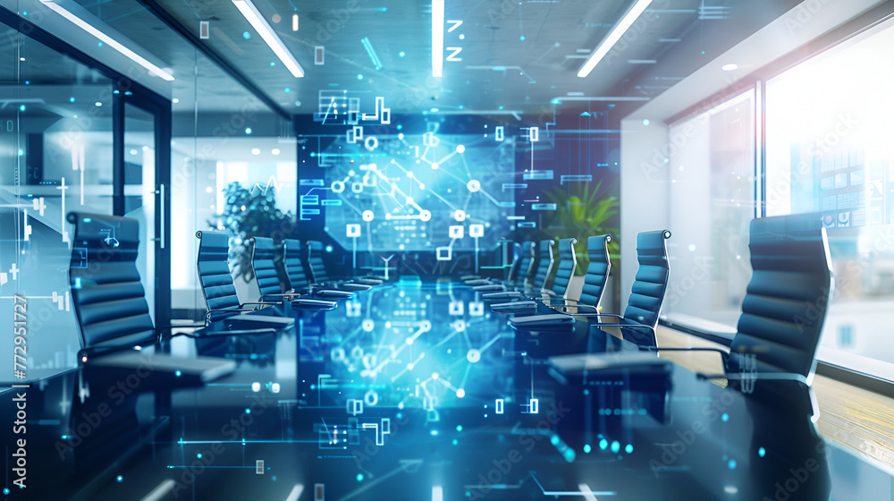 Boardroom meeting with futuristic holographic projections ,Double exposure of abstract virtual creative code skull hologram on modern corporate office background. Malware and cyber
 - obrazy, fototapety, plakaty 