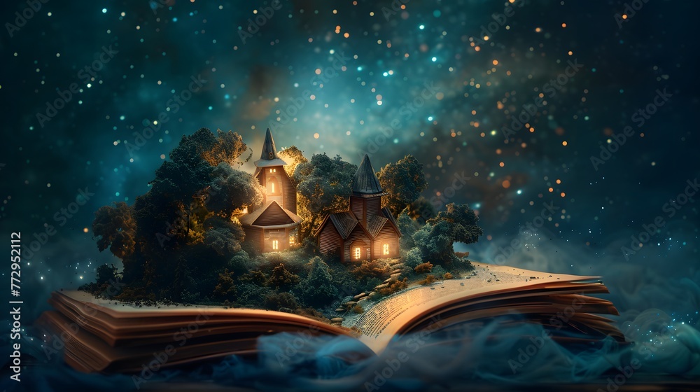 An open storybook on a mystical night, with an enchanted castle and trees that rise and expand beyond the pages into a star-filled universe.