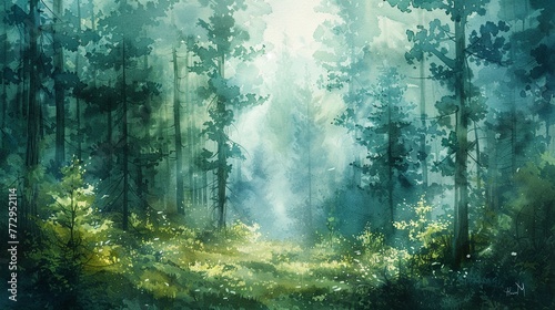 Forest scene, 4K watercolor, cool layered tones, serene and atmospheric depth