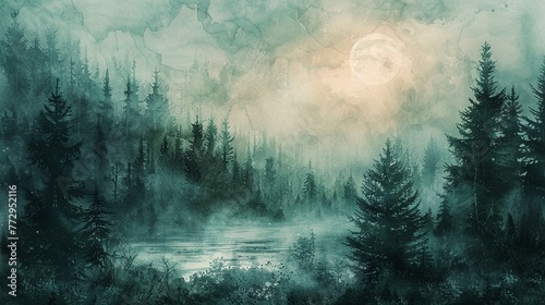 Forest scene, 4K watercolor, cool layered tones, serene and atmospheric depth #772952116