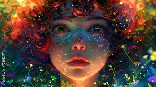 A captivating digital illustration portrays a girl with cosmic freckles, her face a canvas reflecting the vastness of the night sky.