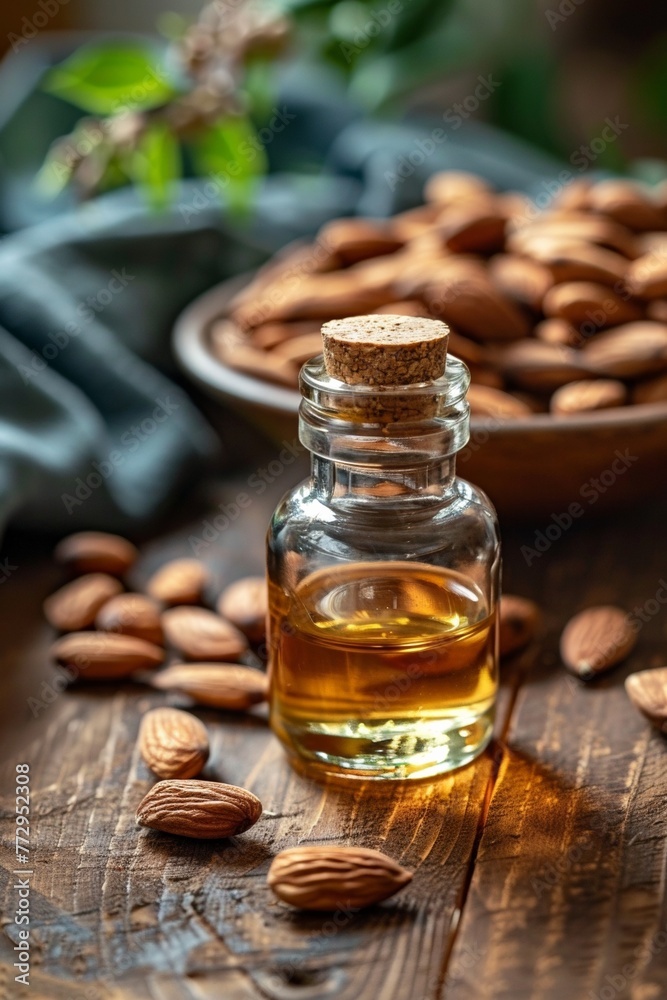 A bottle of fragrant almond oil sits on the table, surrounded by a handful of almonds, invoking a feeling of health and relaxation.