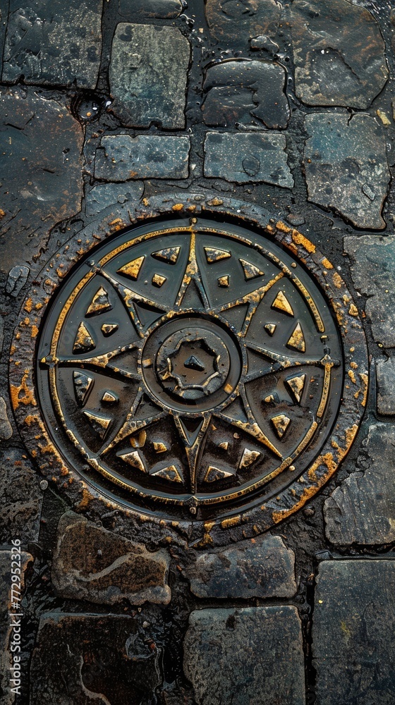Rusty manhole cover on cobblestone street Rusty manhole cover on cobblestone street