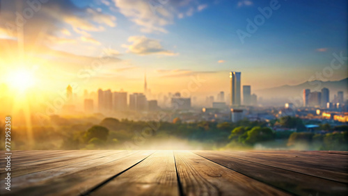 City skyline at sunset with buildings and light blur