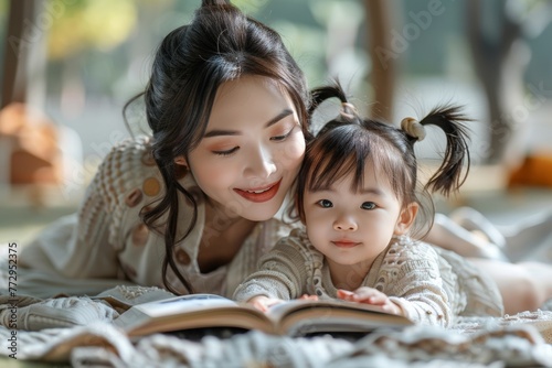 A mother and daughter share smiles and happiness while reading a fairy tale together, bonding over the magical story.