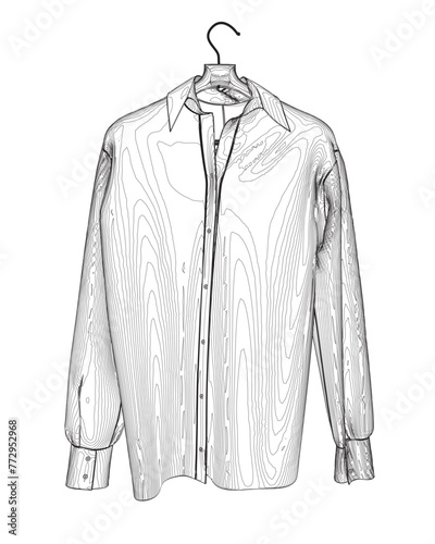 Outline shirt with button down collar isolated on white. Outline of a long sleeved shirt hanging on a hanger made of black lines isolated on a white background. Vector illustration.